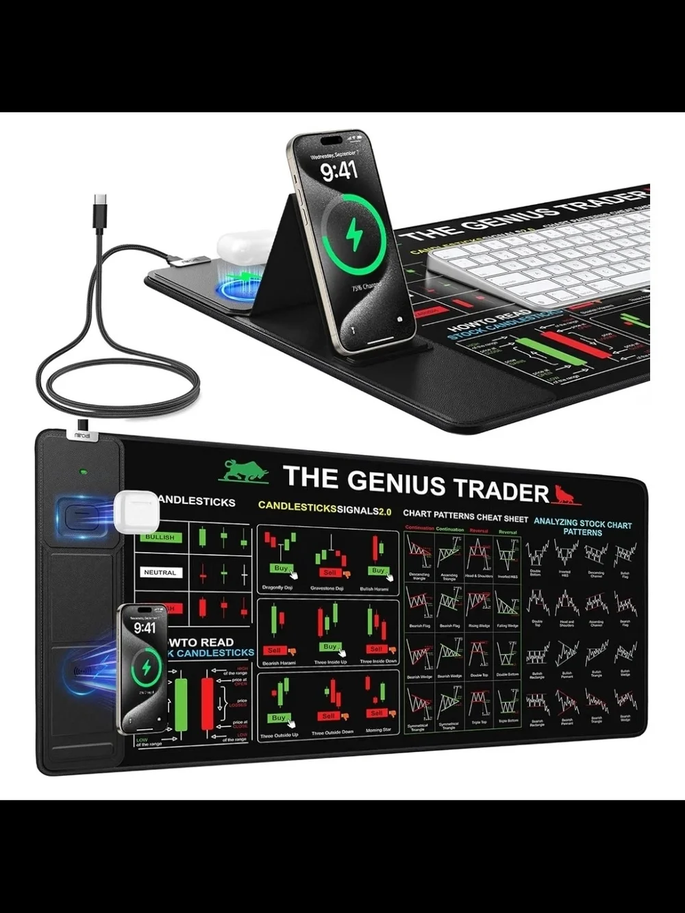 Wireless Charging Desk Mat - Black Trading Chart Design